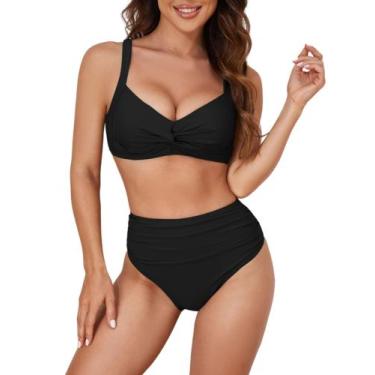 Imagem de Biquíni ZAFUL Twist de cintura alta para mulheres, preto, tamanho GG