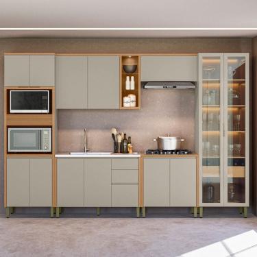 Imagem de Cozinha Completa Allure 14 Portas 4 Gavetas 100% Mdf com Vidro 810016087 Jequitibá/Gris - Linea Brasil