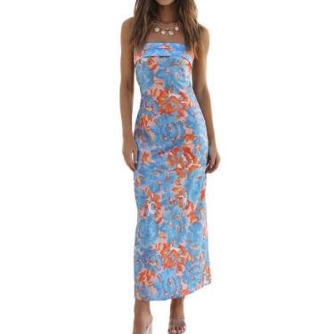 Imagem de Vestido maxi Realtix Summer com estampa de cetim sem encosto para mulh