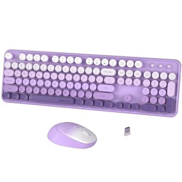 Imagem de FCPLU Combo de teclado e mouse sem fio xUBOTIE, teclado redondo colorido de 104 teclas, layout QWERTY, 2,4 GHz, botão liga/desliga, plug play para PC, laptop (roxo