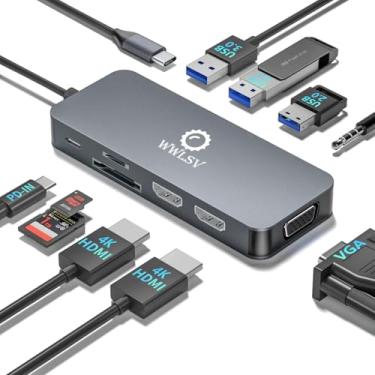 Imagem de WWLSV Estação de Ancoragem com Dois Monitores USB C 10 em 1 Dual 4K HDMI, VGA, Carregamento Rápido USB 3.0 e 2 Portas USB 2.0, Leitor de Cartão SD/TF, Áudio Auxiliar de 3,5 mm, Adaptador