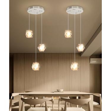 Imagem de AFQEJG Luzes pendentes de cristal modernas de 3 luzes para ilha de cozinha, lustre de LED regulável para sala de jantar, corredor, hall de entrada, lâmpada de canto níquel