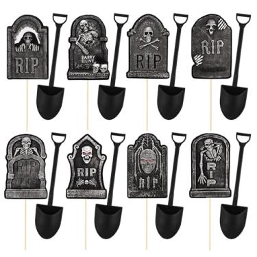 Imagem de MEMOVAN Halloween Cupcake Toppers 48PCS Tombstones Cupcake Picks with Novelty Mini Shovel Spoons Graveyard Cake Topper Picks Scary Gravestone Skeleton Cupcake Decoration for Halloween Birthday Party