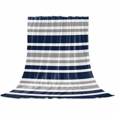 Imagem de Cobertor de flanela azul marinho listrado cinza, cobertores de lã leve e quente para sofá, sofá, quarto, linha minimalista moderna, aconchegante e felpudo para todas as estações, 101 x 127 cm