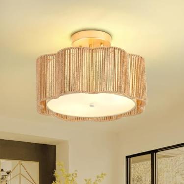 Imagem de Haolaike Luminária de teto de montagem embutida em vime de 33 cm, luminárias boho de 2 luzes para quarto, luz de teto moderna para corredor, cozinha, entrada, sala de jantar