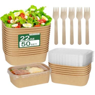 Imagem de Hokimder Embalagem com 50 recipientes de papel para alimentos de 623 g 【com tampas e garfos】, recipientes descartáveis para preparação de refeições para almoço, salada, sorvete, sopa, tigelas
