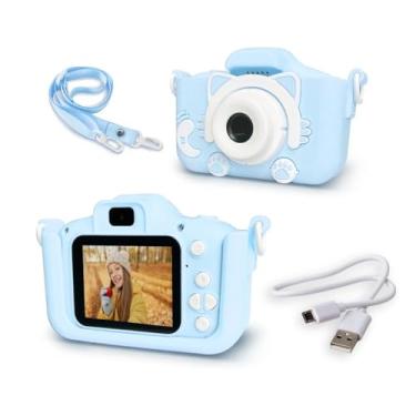Imagem de Câmera Digital Infantil, Design de Gatinho, Azul, com Tela LCD e Alça