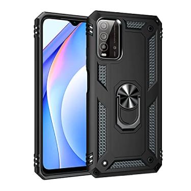 Imagem de SORAKA Capa para Xiaomi Poco M3 com suporte de anel capa protetora Xiaomi Poco M3 capa traseira de policarbonato rígido com placa de metal para suporte magnético de telefone carro preto