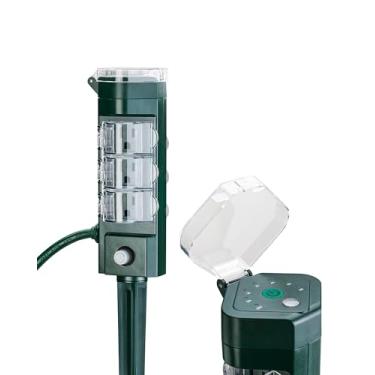 Imagem de HBN Régua elétrica externa com temporizador e fotocélula, estaca de solo com contagem regressiva (2, 4, 6, 8 horas), temporizador para luzes do crepúsculo ao amanhecer, cabo de extensão à prova d'água