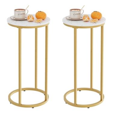 Imagem de Mesa de canto em forma de C, mesas laterais de sofá para sala de estar, mesa redonda de sofá com moldura de metal, pequena mesa de lanche de madeira para quarto, espaços pequenos, fácil montagem (ouro