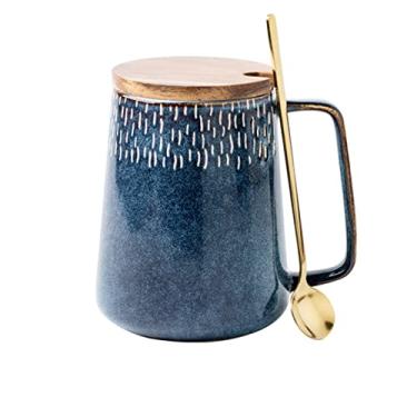 Imagem de KSALPCH Caneca de café de cerâmica extra grande de 680 g com uma alça grande, chá jumbo e xícara de café para escritório e casa, seguro para lava-louças e micro-ondas, com colher e tampa de madeira (azul manchado, 1)