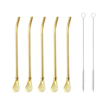 Imagem de Colher e filtro de palha de aço inoxidável reutilizável 4 em 1, 5 peças com 2 escovas de limpeza, grau alimentício 304, agitador reutilizável para casa, bar, café (ouro, 18 cm)