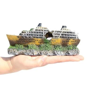 Imagem de Decoração de aquário de aquário afundado, paisagismo realista de esconderijo de caverna de naufrágio para peixes Betta