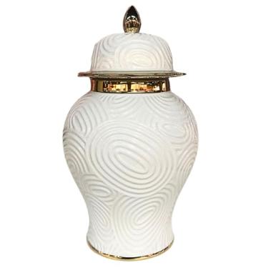 Imagem de Vaso Chinês Cerâmica Branco Trabalhado Dourado 38cm para Hall de Entrada, Sala de Estar e Escritório