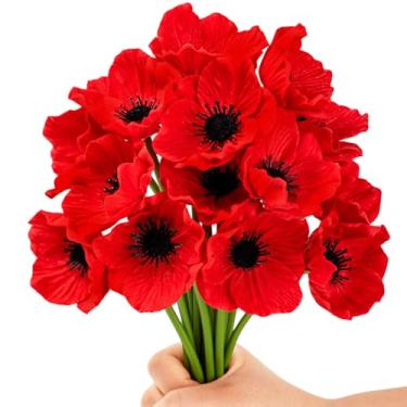 Imagem de GCTWFYK 12 peças de flores artificiais de anêmona de 28 cm, flores falsas de poliuretano de toque real para mesa de dia de casamento e mesa de centro de mesa de cozinha - vermelho