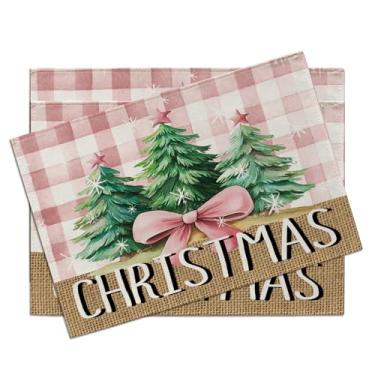 Imagem de Croar Jogo americano de pinheiro rosa de Natal, conjunto de 4, tapetes de mesa de jantar de casa de fazenda, arco xadrez de búfalo, rústico, inverno, floco de neve, decoração de cozinha, 30,5 x 45,7