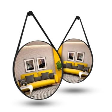 Imagem de Espelho Redondo de Parede com Alça de Couro - Decorativo para Sala, Quarto e Banheiro - Design Artesanal - Inclui Kit Montagem (Kit 2 40cm - Preto)