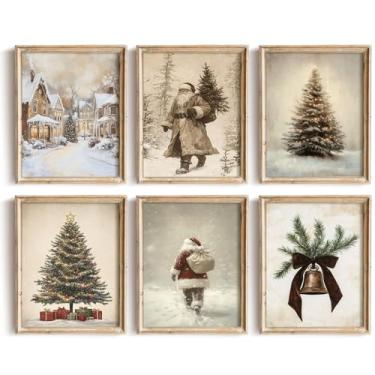 Imagem de uniro Conjunto de 6 peças de arte de parede de Natal vintage, impressões de Papai Noel, decoração de Natal de fazenda neutra, impressões de férias rústicas, arte de parede de árvore de Natal para