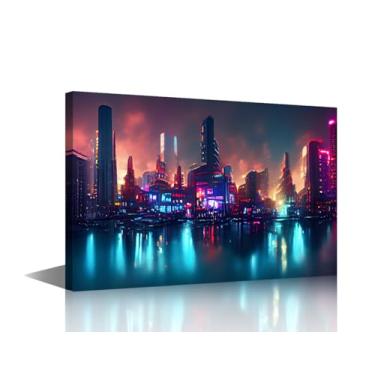 Imagem de 1 painel de arte de parede Cyberpunk Neon City Night Pictures para sala de estar pinturas vintage impressões HD arte contemporânea em tela decoração de casa emoldurado pronto para pendurar 45 x 30 cm