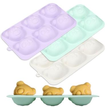 Imagem de ZLHETWT 3 moldes de bolo de urso, 6 cavidades, molde de fondant de silicone, antiaderente, bandeja de cupcake reutilizável, molde de bolo de desenho animado, ferramenta de cozimento de bolo de grau