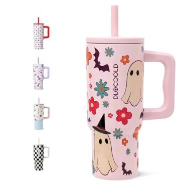 Imagem de DLOCCOLD Copo infantil de 680 g com alça e tampa de canudo de silicone, copo isolado à prova de vazamento com tampa resistente a derramamentos, caneca reutilizável de aço inoxidável para meninos e