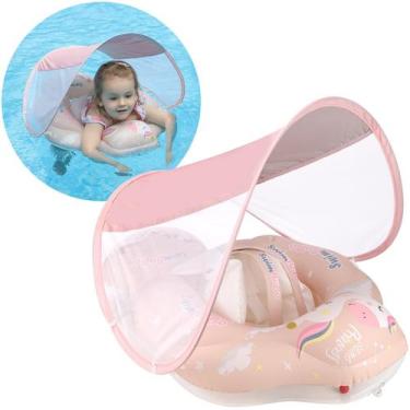 Imagem de Bebê nadando sem flutuar na piscina com dossel solar rosa - Free Swimm