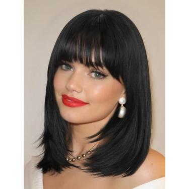 Imagem de Peruca FANCEE Layered Bob 35 cm curta preta sintética para mulheres
