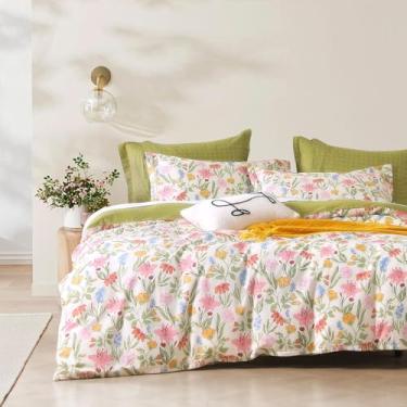 Imagem de ALEISSEL Conjunto de edredom floral luxuoso de algodão com 3 peças, tamanho Queen – Blush, amarelo e azul, estampa floral de jardim de primavera em branco, verde-oliva quente, reverso, vintage leve