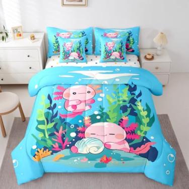 Imagem de Erosebridal Conjunto de cama casal de 7 peças de axolotls rosa para meninas – Conjunto de edredom feminino fofo de animal com desenho animado de axolote rosa em uma bolsa para adolescentes e crianças