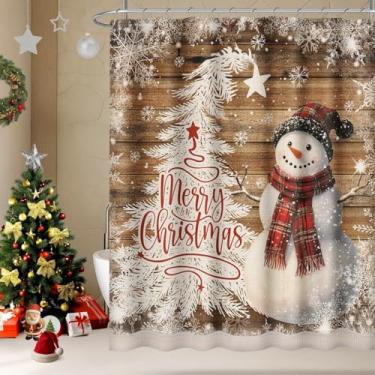 Imagem de Emvency Conjunto de cortina de chuveiro com franja boho boneco de neve árvore de Natal pinho marrom pinho madeira vermelha grade de tecido de linho cortinas de chuveiro para decoração de banheiro 182