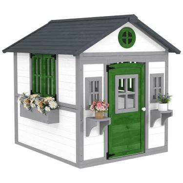 Imagem de Casa de Bonecas Infantil Outsunny, Casinha de Madeira c/ Portas, Janelas, Vasos e Caixas p/ Crianças de 3 a 8 Anos, Casa de Brincar p/