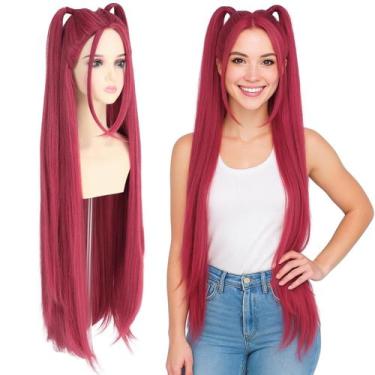 Imagem de Peruca de fantasia Morvally Long Red com 2 rabos de cavalo para mulher