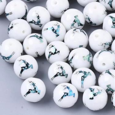 Imagem de Elecrelive 20 peças de contas de vidro de alce de Natal 10 mm banhado a verde veado de Natal contas de vidro redondas para colar, pulseira, brinco, lembrancinha de festa de Natal