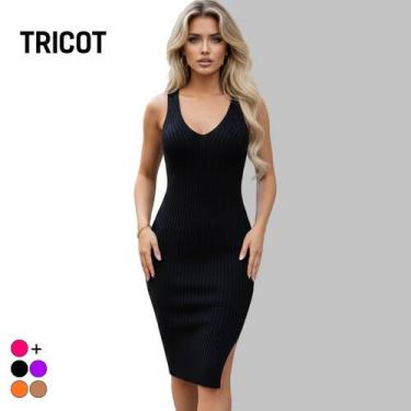 Imagem de Vestido Curto Tricot Alça Fenda Elastano - Vitrine Collection, Preto, 