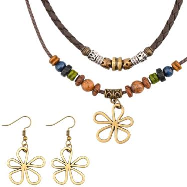 Imagem de Colar Boho em camadas, brincos, contas de madeira, gargantilha hippie, joia boêmia