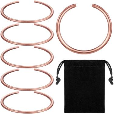 Imagem de Otuuz 6 pulseiras de cobre para homens e mulheres pulseiras de cobre tamanho ajustável joia de saúde presente feito à mão sem revestimento joias presentes (estilo cilíndrico)