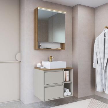 Imagem de Conjunto para Banheiro Gabinete Suspenso 60cm com Cuba Espelheira com Led Cj8005.40 Mel/Arenas