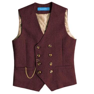 Imagem de Colete social masculino de tweed SevenBoy, lã trespassada, bordô