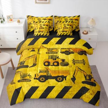Imagem de Erosebridal Conjunto de edredom infantil casal com desenho animado de carro, 7 peças, maquinário de desenho animado, caminhão, lençol e fronhas, trator amarelo, escavadeira, decoração de quarto