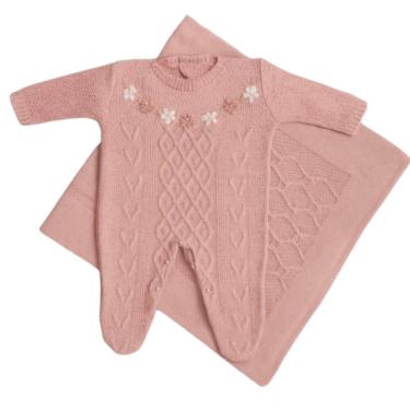 Imagem de Saída Maternidade de Tricot Luxo Macacão e Manta Bebê Menina