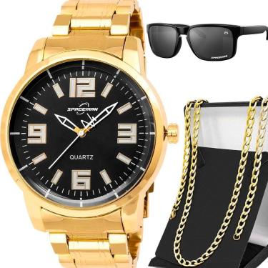 Imagem de Relogio Masculino Banhado Dourado Aço Inox + Cordao + Oculos