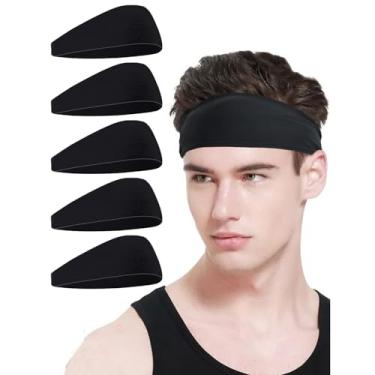 Imagem de Bandanas esportivas pretas para homens, pacote com 5, faixa de transpiração esportiva de 24 cm, faixas de transpiração para homens, para todos os esportes, atividades ao ar livre