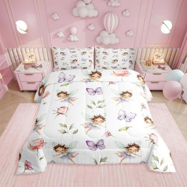 Imagem de Erosebridal Conjunto de cama casal de fadas para meninas - Conjunto de edredom floral e borboleta roxa para crianças, colcha de jardim de fadas de flores rosa | Decoração de quarto de princesa