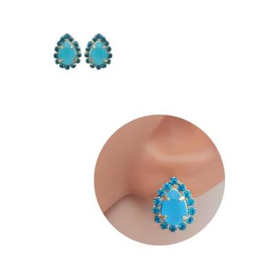 Imagem de Brinco Gota de Strass com Pedra Cristal Azul Folheado Ouro 18k Antialé