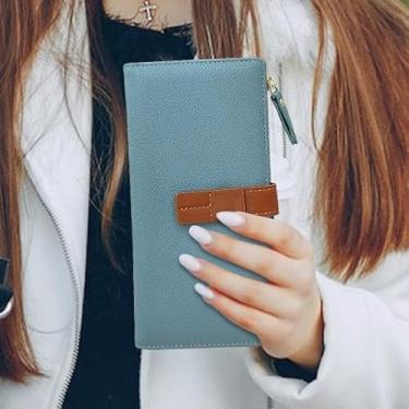 Imagem de Carteira feminina, carteira longa de material PU para mulheres, vários compartimentos, porta-cartão de crédito com zíper, carteira feminina fina elegante para viagens, encontros, compras, Azul, Casual