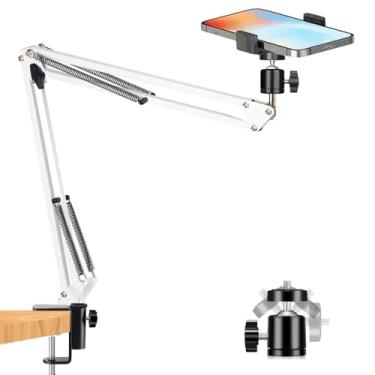 Imagem de YIYANT Suporte de tripé para câmera de webcam, anel de luz, braço articulado sobre a cabeça com suporte de telefone e cabeça esférica, acessório de tesoura de suspensão de mesa para transmissão ao