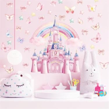 Imagem de PLIGREAT 2 folhas de decalques de parede de castelo de princesa rosa arco-íris borboleta adesivo de parede grande vinil removível aquarela conto de fadas decalque para berçário, quarto, sala de estar