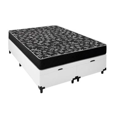 Imagem de Cama Box Baú Casal 138 Bipartido Tecido Sintético Branco Com Colchão Espuma D20 - Tampo Preto Bello Box 12cm