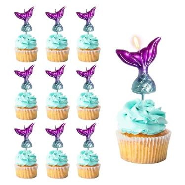 Imagem de Vela de cauda de sereia gradiente de 9 peças, velas de aniversário de 2,17 × 4,5 cm, topo de bolo de sereia roxo para festas de aniversário, decorações de casamento, velas de festa, celebrações (roxo