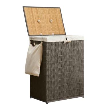 Imagem de Cesto de roupa suja com tampa, cesto de roupa grande de 200 L, 2 sacos de forro removíveis, cesto de roupas de vime sintético com bolso lateral, organização de lavanderia para banheiro, lavanderia